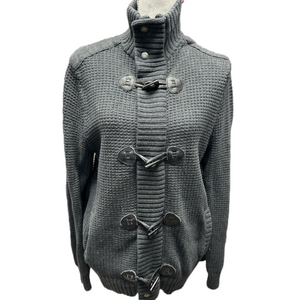 Express  Dark Academia Zip Toggle Knit Cardigan Elbow Patch Sweater Grey …